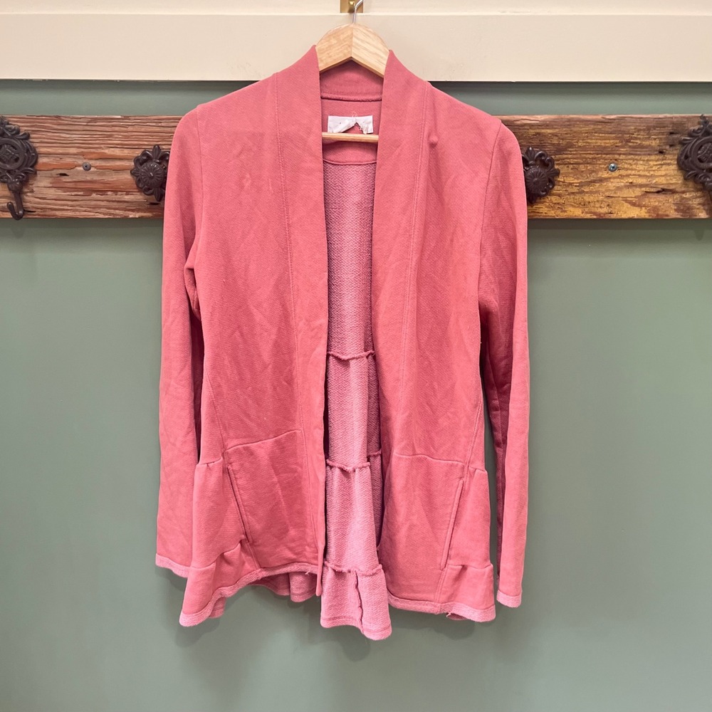 Anthropologie Postmark Rose Pink Tiered Ruffle Back Cardigan Sweater Small